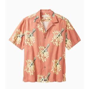 Tommy Bahama Hawaiian Shirt Coral Silk Relaxed Floral Guitar Camp Men’s Medium